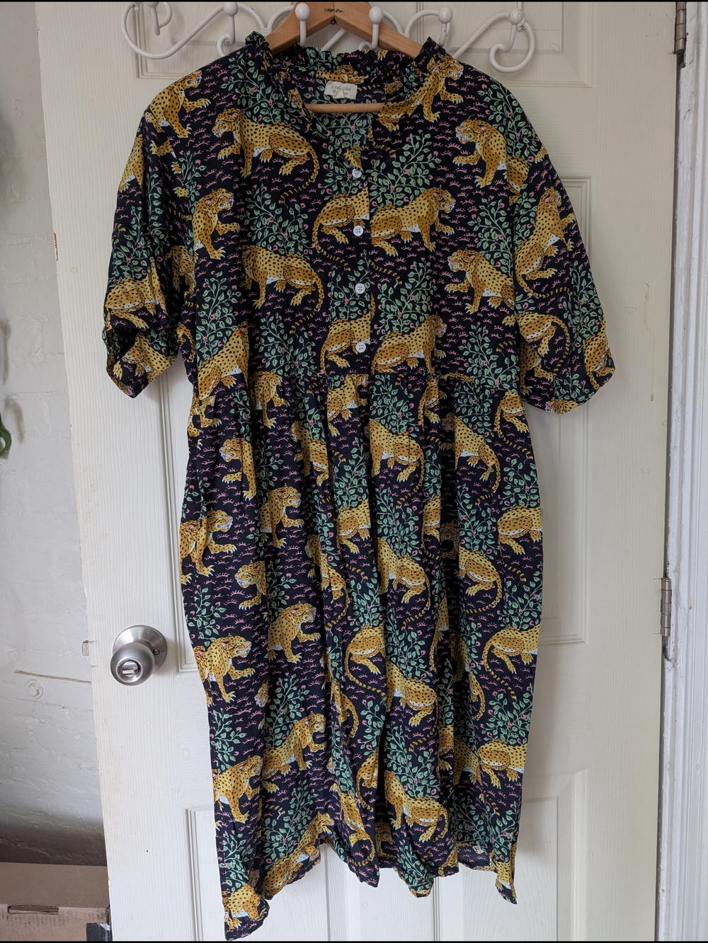 Yellow Leopard Print Midi Dress 100% Cotton L/XL
